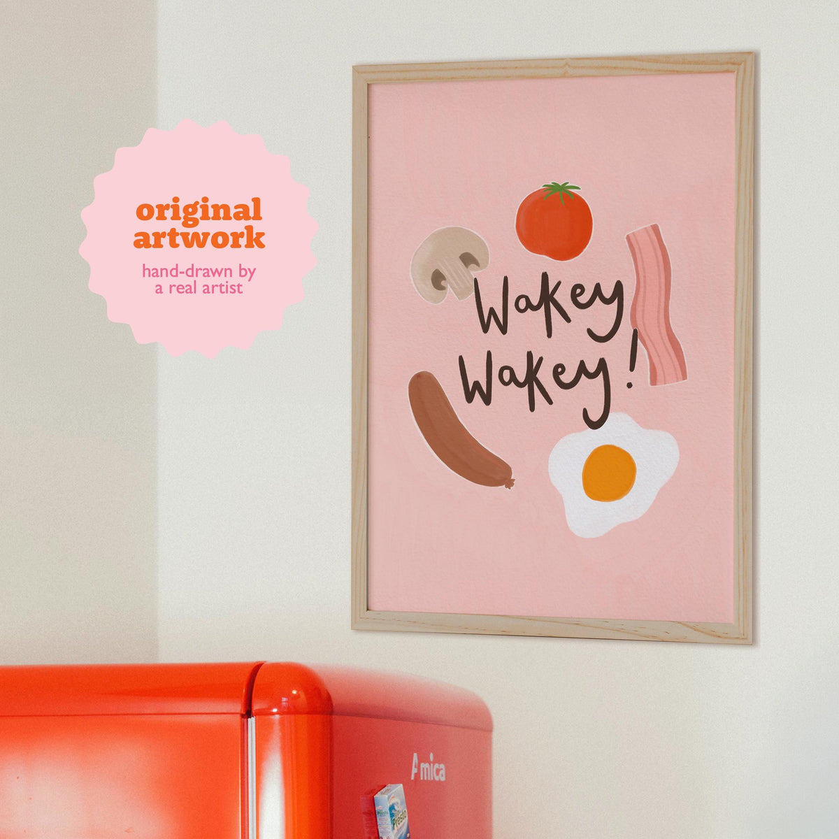 Wakey Wakey Breakfast Print, Pink Kitchen Wall Art, Colourful Digital Download