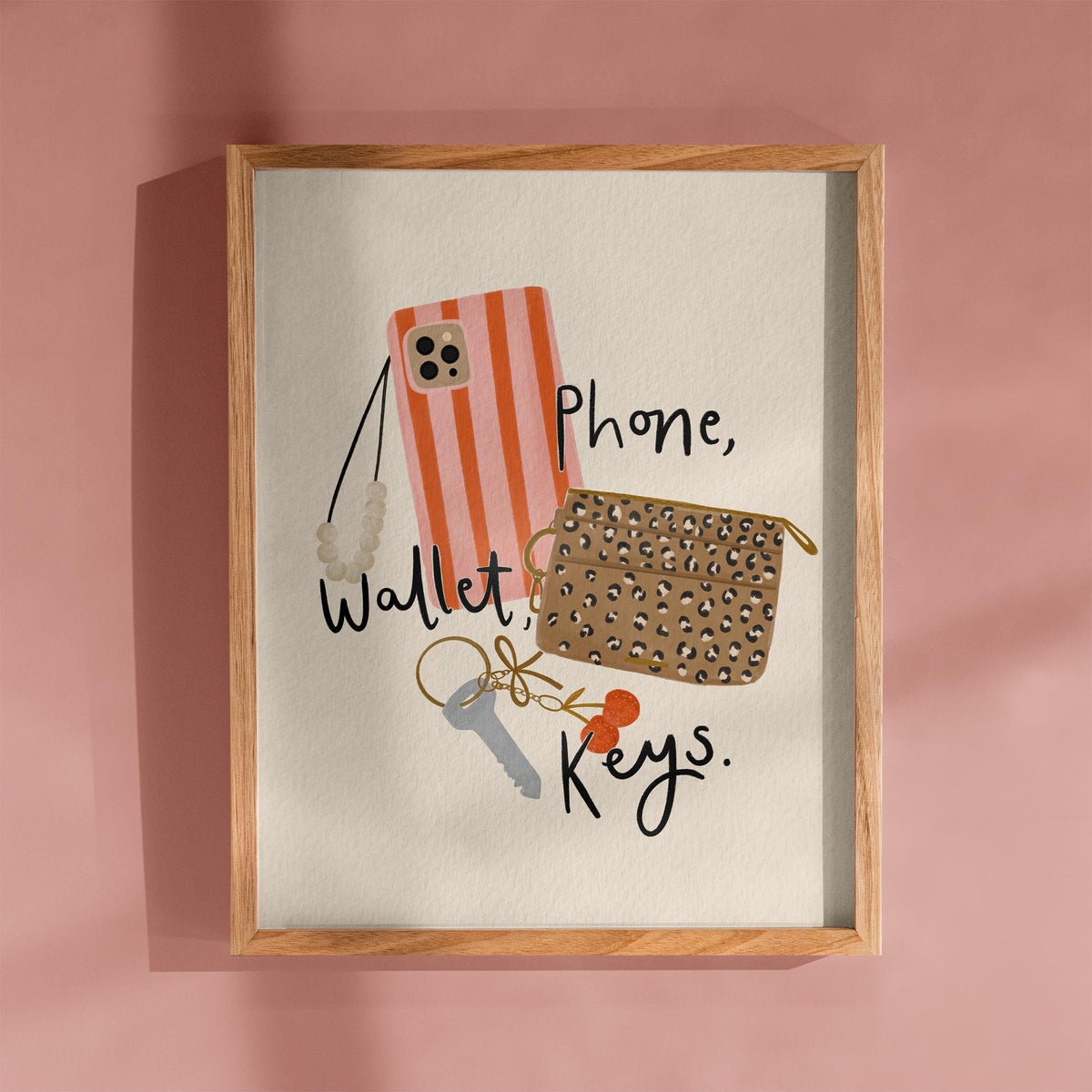 Phone Wallet Keys Print, Funny Hallway Wall Art, Leopard Fashion Illustration, Digital Download